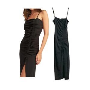 ZARA Dress Women's Size XS Black Maxi Spaghetti Adj. Straps Ruched Leg Slit